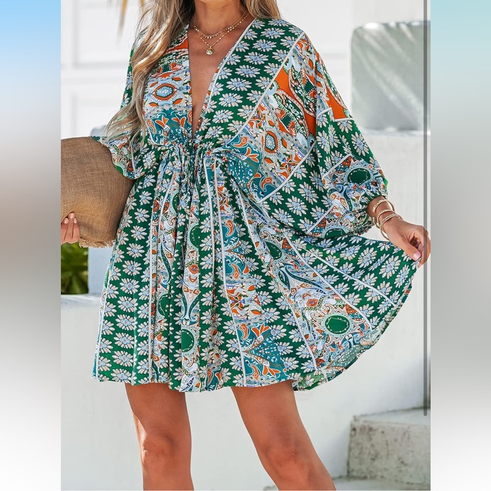 Floral Print Tie Front Dress 3/4 Sleeves Paisley Beach Mini Dresses(NWT)size Med - Picture 4 of 5